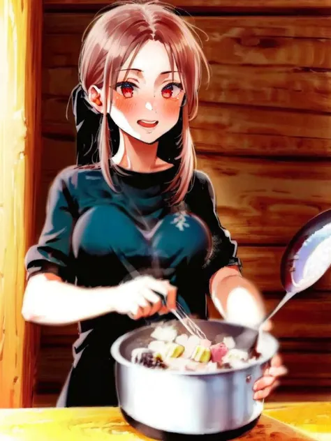 (((((1girl))))), red hair,small breasts, pink eyes, blue apron,black shirt, holding, cooking pot, four fruit soup, female focus, upper body,kitchen, <lora:four fruit soup:1>, masterpiece, best quality,