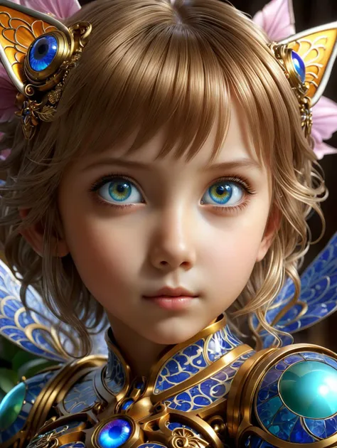 Fairy tale ultra realistic, highly detailed, HDR, UHD, 64K, highly detailed, 64k, award-winning, professional, (Final Fantasy:1.1) XVI, (Cute child portrait:1.2), wide shot 24mm, perspective view, extreme angle, detailed eyes, asymmetric hair, subtle sci-f...