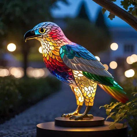 beautiful glass bird lit as if it is emitting light, execution, realistic,  masterpiece, photorealistic,  depth of field contours, accurate lighting, perfectly drawn, photograph, intricate detail, 8k,  very colourful, outdoors, night, intricate detail, bea...