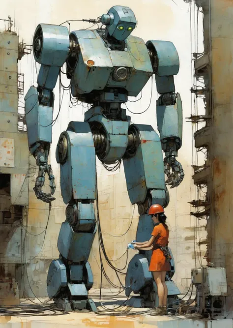 1 female worker  fixing a giant robot, 
wires
 buttons, gauges 
factory 
sci-fi   
(art by Alex Maleev)