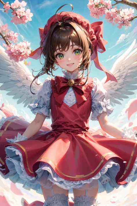 kinomoto sakura, 1girl, brown hair, short hair, antenna hair, red headwear, green eyes, frills, red dress, puffy short sleeves, white gloves, red bow, white thighhighs, white wings (best quality, masterpiece, RAW photo,ultra-detailed:1.2),1girl,solo,lookin...