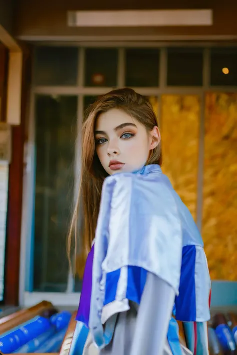 a woman with a blue and white shirt is standing in front of a window