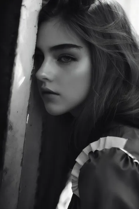 a close up of a woman leaning against a wall with a frillying top