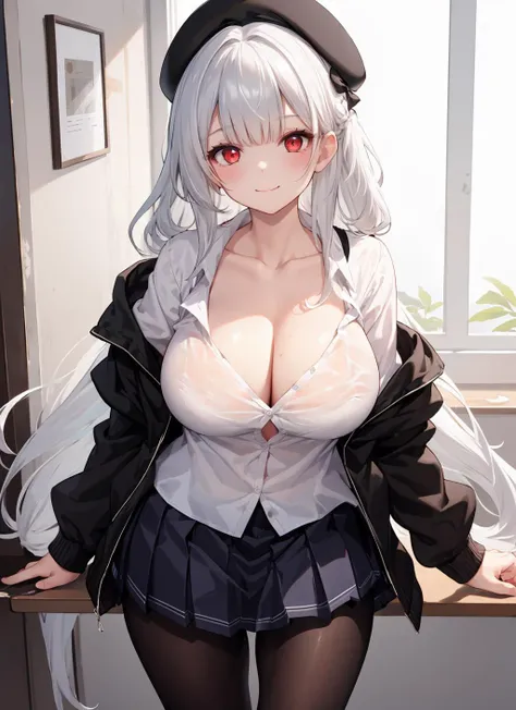 <lora:ScyllaV3f:0.8>, , scyllaschool,
1girl, solo, white hair, very long hair, white shirt, large breasts, black beret, black jacket, off shoulder, black skirt, black pantyhose, mature female, school uniform, collarbone, cleavage, unbuttoned, red eyes, thi...