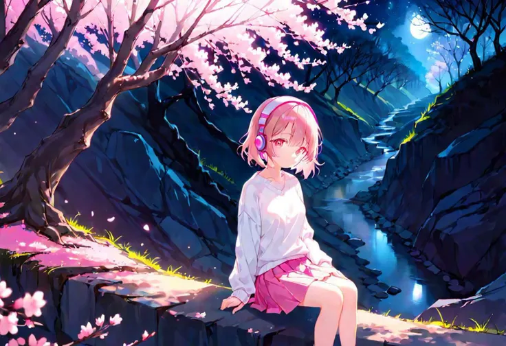 girl, ravine, sitting by a tree, aesthetics, pink headphones, white sweater, pink skirt, sakura blossoms glowing, night, beautiful, masterpiece