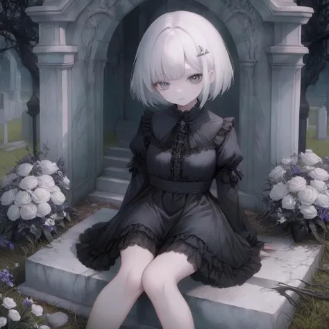 anime girl sitting on a grave in a cemetery with flowers