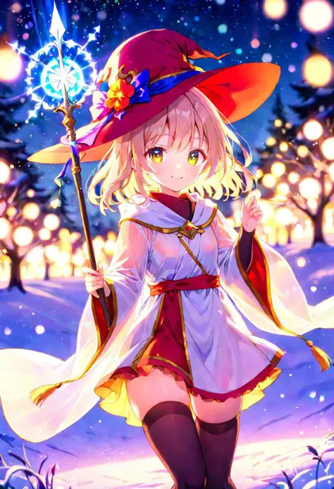 anime, cute girl, wizard hat, robe, thigh-highs, holding ancient staff, happy, midnight, bloom, ambient occlusion, glow, glowing lights, light particles, transparent, translucent, bokeh, depth of field, snow, wind