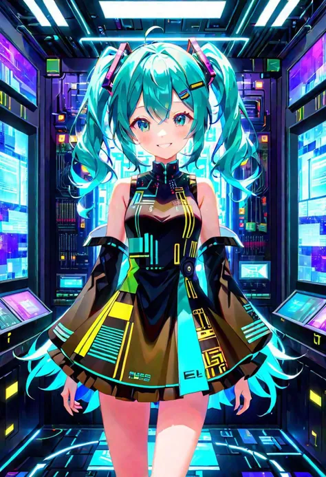 5 colors,prompt,design,patchwork,New work,new,text, dress,electronic circuit pattern,miku,masterpiece, best quality, 8K, (photorealistic:1.4),(Vivid colors:1.3),(content expression:1.3),Electronic girl. Cyberpunk magic. Electronic wings dress. Electronic r...