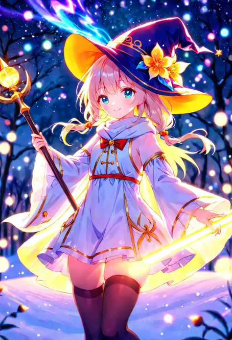 anime, cute girl, wizard hat, robe, thigh-highs, holding ancient staff, happy, midnight, bloom, ambient occlusion, glow, glowing lights, light particles, transparent, translucent, bokeh, depth of field, snow, wind