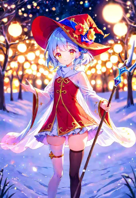 anime, cute girl, wizard hat, robe, thigh-highs, holding ancient staff, happy, midnight, bloom, ambient occlusion, glow, glowing lights, light particles, transparent, translucent, bokeh, depth of field, snow, wind