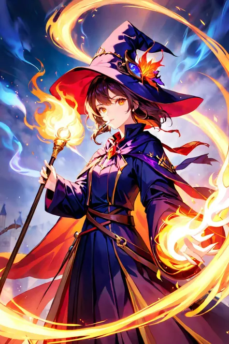 a woman in a witch costume holding a wand and a fire