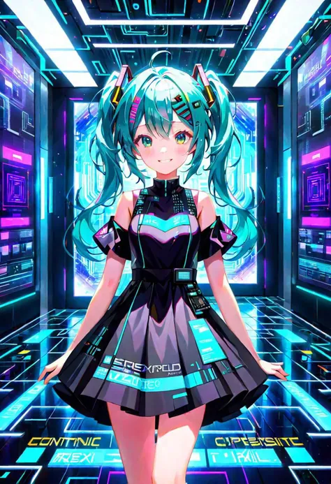 5 colors,prompt,design,patchwork,New work,new,text, dress,electronic circuit pattern,miku,masterpiece, best quality, 8K, (photorealistic:1.4),(Vivid colors:1.3),(content expression:1.3),Electronic girl. Cyberpunk magic. Electronic wings dress. Electronic r...