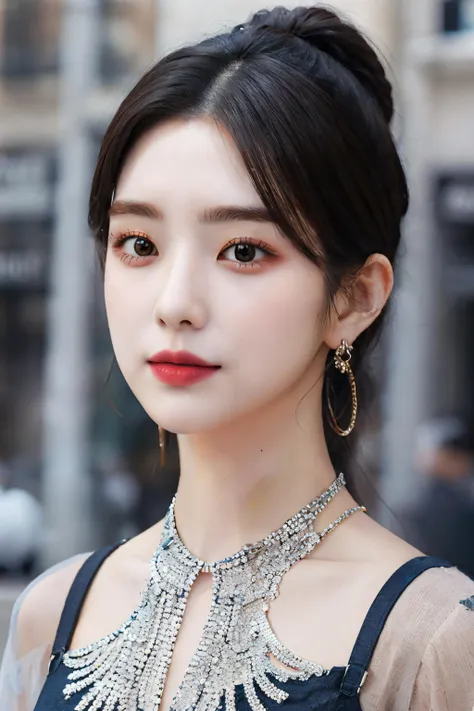 a woman with a necklace and earrings standing in front of a building