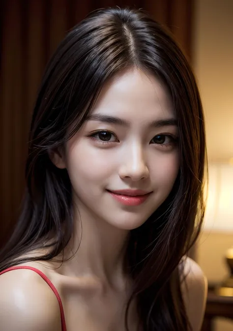 a close up of a woman with long hair wearing a red dress