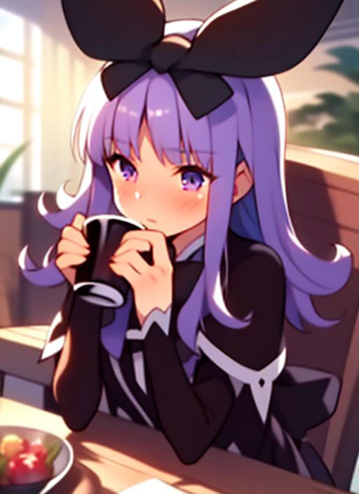 1girl,black bow,purple hair,long hair,<lora:coopa2023082964:1>,cup