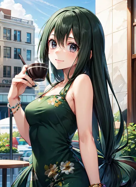 ((best quality)), ((highly detailed)), absurdres, detailed face, beautiful face, (detailed eyes, deep eyes), <lora:more_details:.3>, (1girl), reflection, upper body}, <lora:TsuyuAsui_Idk:.8>, tsuyu, ((green hair)), very long hair, (black eyes, :>:1.2), med...