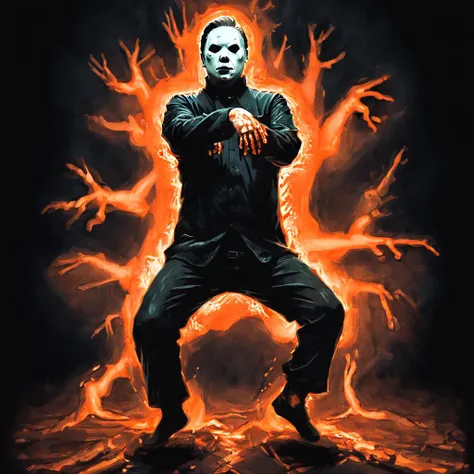 Horror-themed gangnam_style_dance Michael Myers glowing orange and black tones <lora:xl_more_art-full_v1:1> <lora:Gangnam_Style_Dance:1> . Eerie, unsettling, dark, spooky, suspenseful, grim, highly detailed