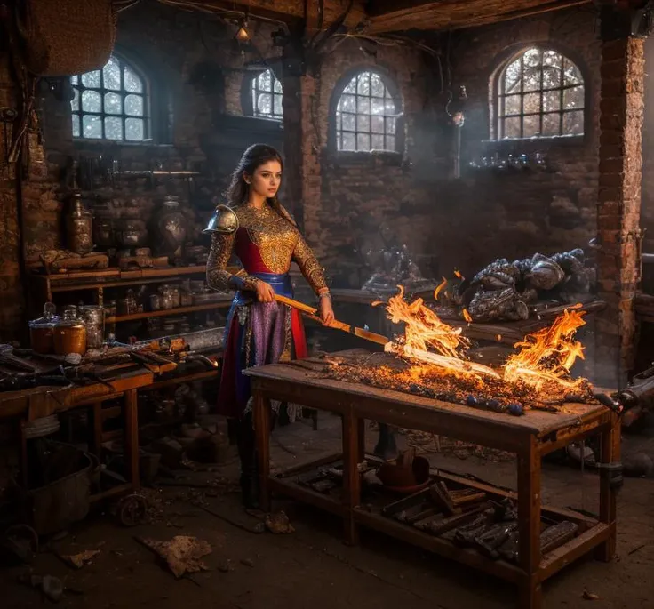 (masterpiece:1.2), (best quality,:1.2), 8k, HDR, ultra detailed, ((photorealistic)), perfect anatomy, professional light, cinematic lighting, fashion photography, ambient lighting,<lora:detail_slider_v4:3>, a fantasy smithy, forge, weapons, FantInt, ((perf...