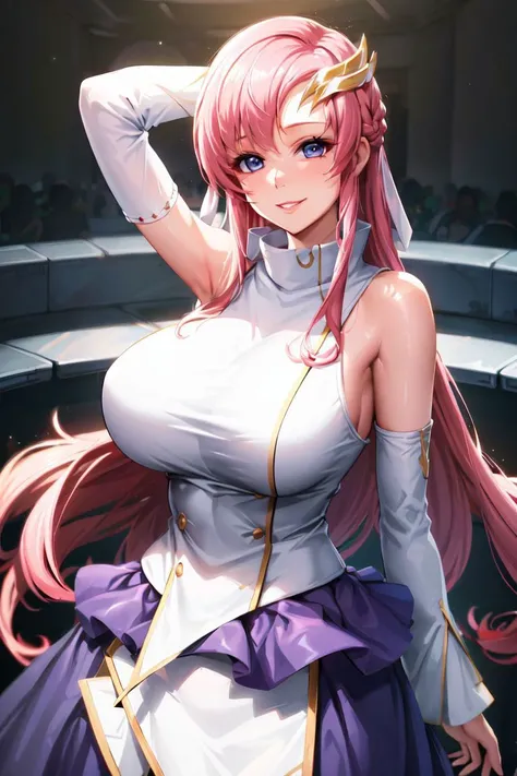 masterpiece, best quality, highres,absurdres,ray_tracing,intricate details,depth of field, extremely delicate and beautiful,(illustration:1.0),,1girl, cowboy shot,
solo, lacus1, 1girl, solo, pink hair, straight hair, hair ornament, white detached sleeves, ...