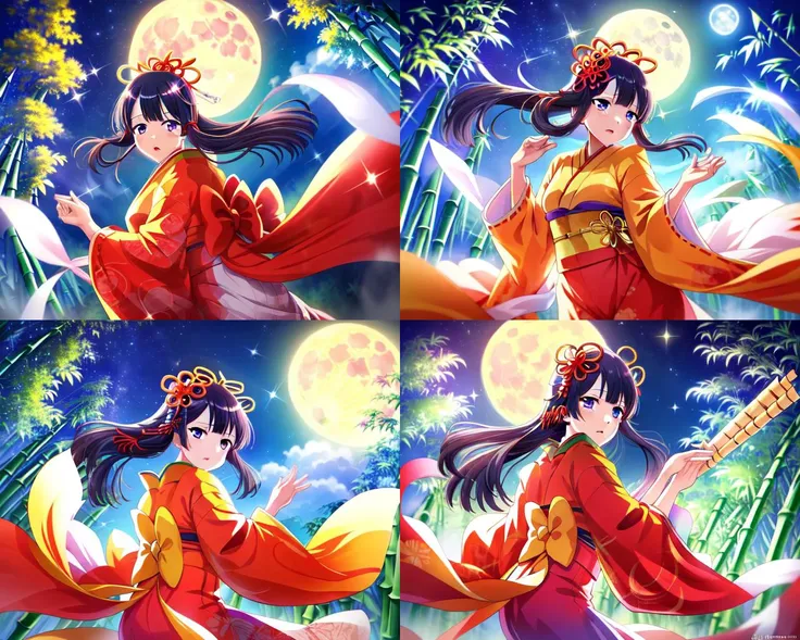 tomoe_tamao\(starlight\),tomoe_tamao\(kaguyahime\),1girl, bamboo, bamboo_forest, cloud, full_moon, leaf, lens_flare, moon, moonl...