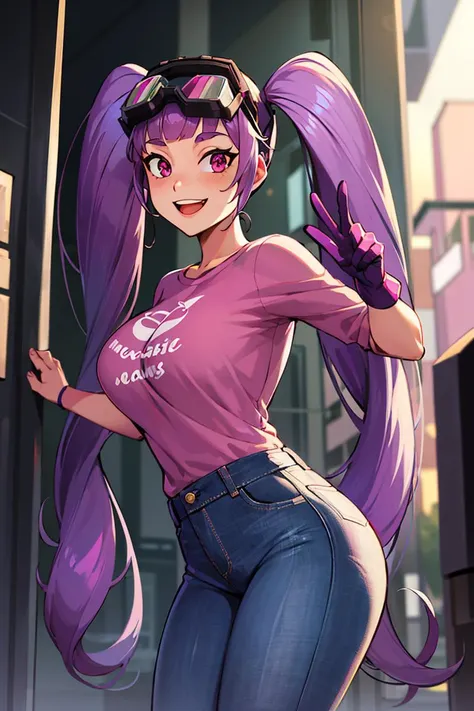 ((masterpiece,best quality)), absurdres, <lora:Entrapta_Shera:0.7>, Entrapta_Shera, solo, twintails, smiling, looking at viewer, cowboy shot, cinematic composition, dynamic pose, demin jeans, pink shirt, modern city, purple hair, goggles,