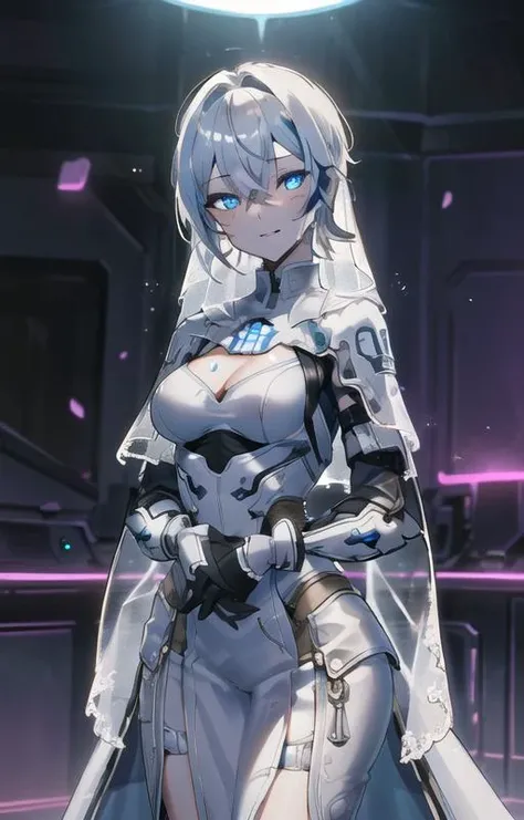 ((SFW)), masterpiece, best quality, highres 64k, professional artwork, clean, cinematic lighting, best shadow, volumetric lighting, beautifully detailed face, beautifully detailed eyes, beautifully detailed hair, multicoloured hair,(best illumination),  (very sexy young female body:1.4), (medium breast), ((seductive:1.3)), looking lovely at the viewer, 1girl, ((Ada-1)), pale skin, white hair, blue eyes,  expressionless,(happy love), facial tattoo, wedding dress, bridal veil,  indoors, futuristic arsenal, wedding, neon lamp, standing, arms folded, ((( cowboy shot,  close-up upper body, ))) <lora:Ada-1 v2:0.49999> <lora:weddingDressExtension_weddingdressexv04:0.7>