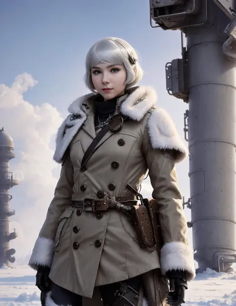 best quality, masterpiece, solo, photo of a girl, fashion pose, cosplay, dynamic action pose, white hair, bob cut, siberian atmosphere, winter, steampunk, soft light, dieselpunkai, mechanical girl, cyborg, battle machines, ww1
<lora:siberian atmosphere:1> ...