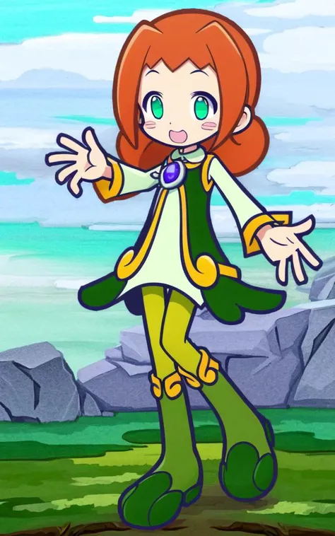 <lora:pyo_ally:0.8:lbw=ALL> kawaii pyo_ally cute 1girl, green eyes, purple pendant, orange hair, medium hair +++ yellow pantyhose, green dress, lightgreen shirt, green boots +++ wavy mouth, arm support, reaching out, +++ extremely quality extremely detaile...