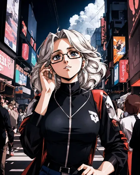 anime girl with glasses and a black top standing in a crowded city