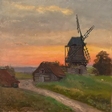 jchelmonski old windmill on the hill, nostalgic landscape at sunrise<lora:jchelmonski:1>