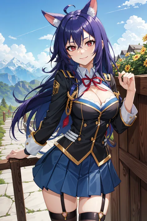 masterpiece, best quality,kurokami medaka, red eyes, blue hair, long hair, ahoge, large breasts , school uniform, cleavage cutout, clothing cutout, pleated skirt, thigh highs, outdoor, mountain, slight smile,
 <lora:Kizuki - Medaka Box - Kurokami Medaka:0....