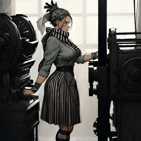 woman, Wearing Striped Bobby Socks, Styling Ponytail with Scarf Hairstyle, Wearing a Feathered Hat, Wearing a Sheath Dress, At a 1950s Printing Press: Whirring machines, hunched reporters, editors, masterpiece, high resolution, hd, 8k, shallow depth of fie...