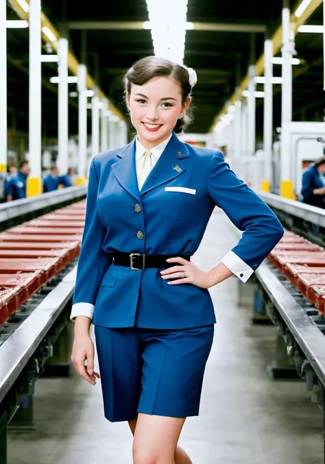 1girl, UHD, 8k, a photo of a beautiful 1950s pinup girl, Wearing a Victory Suit, On a 1950s Assembly Line: Blue uniforms, conveyor belts