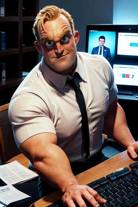 robert, blonde hair, blue eyes,white button shirt,short sleeves, black tie, looking at viewer, serious, smug, medium shot, 
sitting behind a table, inside office, computer, typing on keyboard, extreme detail, masterpiece, <lora:Robert:.7>