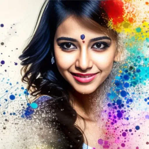 realistic photo of Beautiful indian woman standing, highly detailed, bright colored graffiti, in the style of dispersion, soft focus