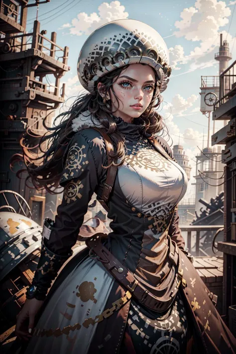 a woman in a steampunk outfit standing in front of a factory