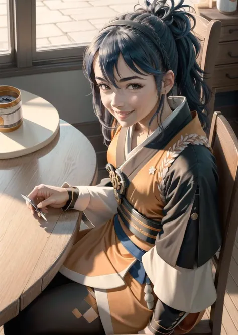 masterpiece, 4K, best quality, oboro, hairband, orange kimono, bracers, black leggings, sitting in a chair, table, looking at viewer, smile, sewing kit, clothing on table, from above <lora:oboro-nvwls-v1-000012:1.0>