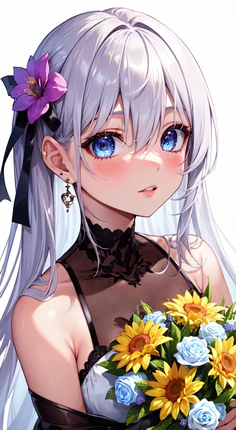 1girl, flower, solo, portrait, earrings, ribbon, bangs, jewelry, bouquet, leaf, blush, purple flower, blue eyes, white hair, pink flower, looking at viewer, long hair, white background, parted lips, white flower, hair between eyes, yellow flower, hair ribb...