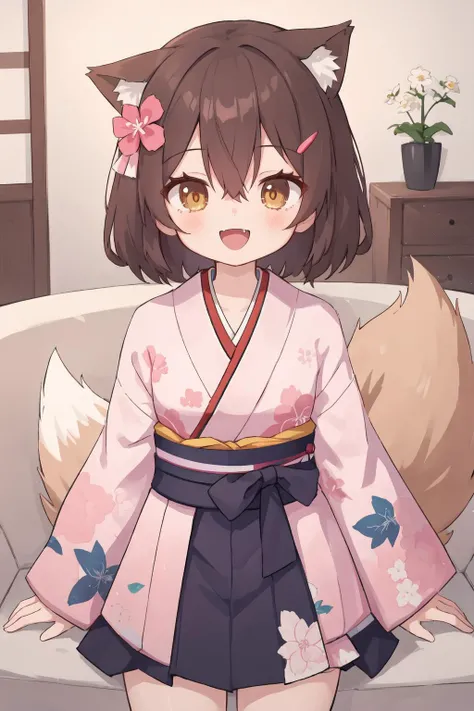 1girl,tail,solo,brown hair,izuna (blue archive),couch,looking at viewer,smile,floral print,fang,japanese clothes,open mouth,kimono,hair ornament,fox girl,blush,short hair,skin fang,brown eyes,hair between eyes,bangs,yellow eyes,skirt,:d,pink kimono,print k...