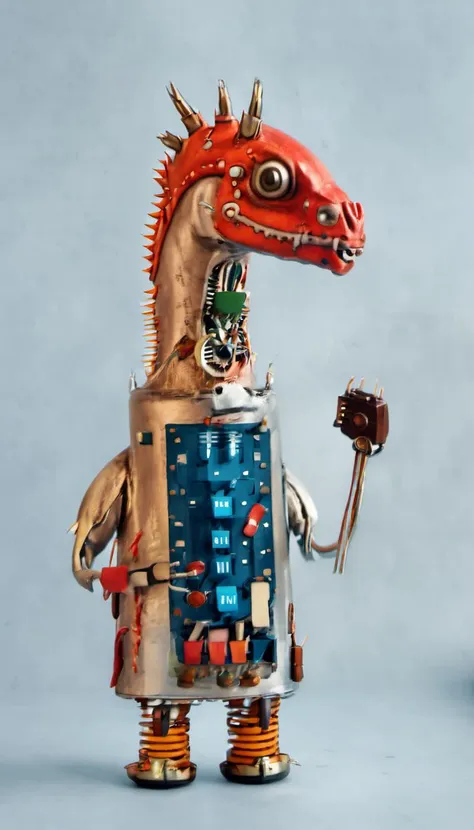 there is a robot with a dragon head and a toothbrush in his hand