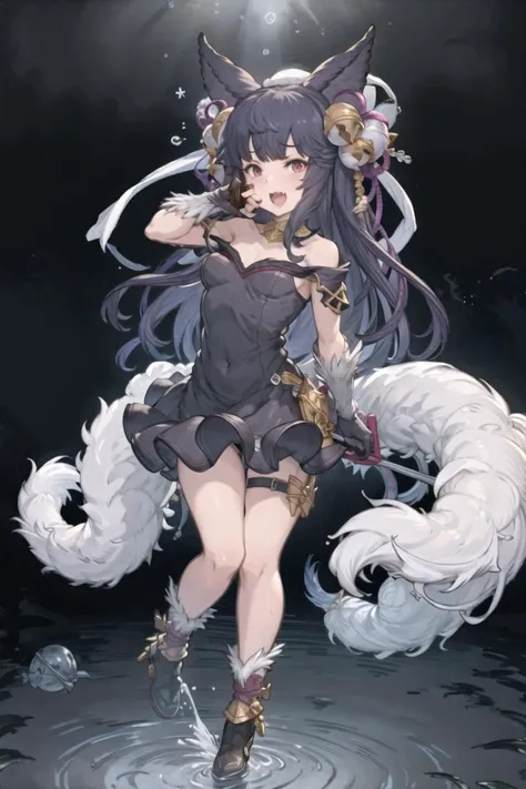 (best quality, masterpiece:1.3), 1 girl, solo, yuel(gbf),black socks, fang, open mouth, dress, cleavage, bangs, socks, bare shoulders, water temple, stars, starlit sky, deep of the night, rain, water surface, in water, <lora:yuelLora_v10:0.7>, <lora:granbl...