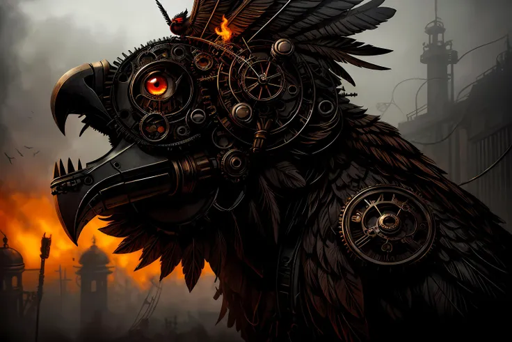 mechanical bird, wires, screws, gears, beak, feathers, (fiery eye), gloomy, foggy, mist, scary, dark, steam, broken parts, dirty, rusty, 
steampunk style,
 <lora:add_detail:1.8>, intricate details, hyperdetailed, cinematic, realistic, masterpiece