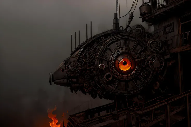 mechanical bird, wires, screws, gears, beak, feathers, (fiery eye), gloomy, foggy, mist, scary, dark, steam, broken parts, dirty, rusty, 
steampunk style,
 <lora:add_detail:1.8>, intricate details, hyperdetailed, cinematic, realistic, masterpiece