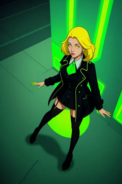 woman, trenchcoat, stockings, from above, green, bright, neon, yellow, black,