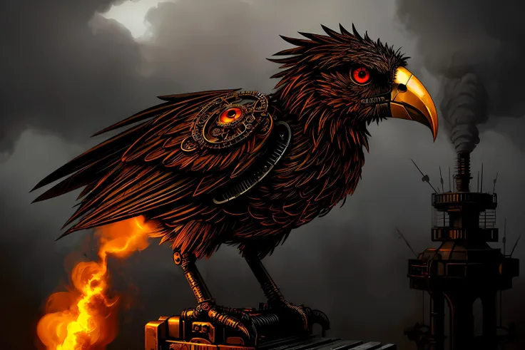 mechanical bird, wires, screws, gears, beak, feathers, (fiery eye), gloomy, foggy, mist, scary, dark, steam, broken parts, dirty, rusty, 
steampunk style,
 <lora:add_detail:1.8>, intricate details, hyperdetailed, cinematic, realistic, masterpiece