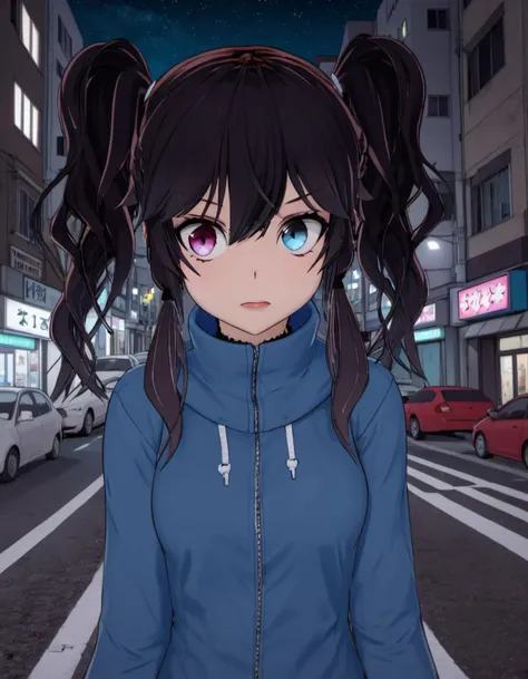 <lora:Kaori_Kadowaki:.8>. heterochromia. twintails as a comicbook superhero, city streets, night