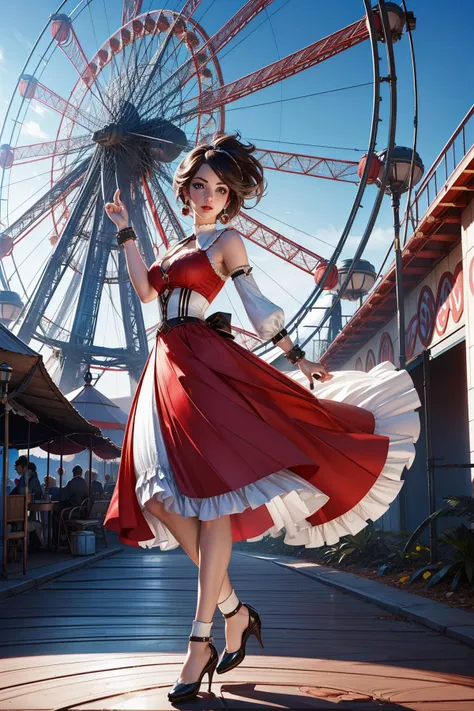 araffe dressed in a red and white dress and high heels is dancing in front of a ferris wheel