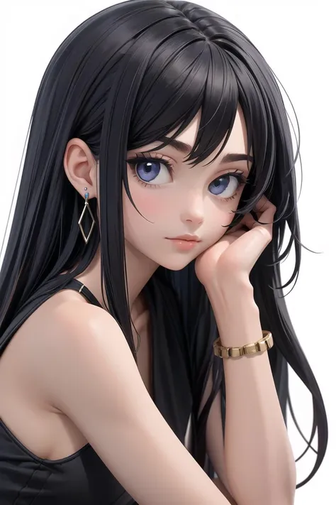 a close up of a woman with long black hair and blue eyes