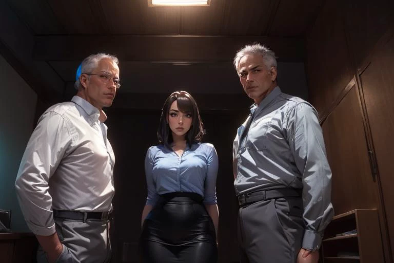 a woman in a blue shirt and black pants standing next to two men