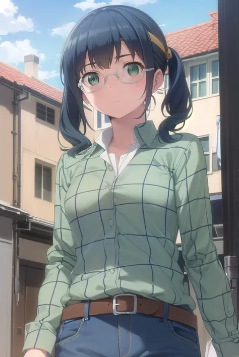 saorimakishima, <lora:saori makishima s2-lora-nochekaiser:1>,
saori makishima, twintails, blue hair, (green eyes:1.3),
BREAK shirt, glasses, belt, pants, headband, denim, jeans, plaid shirt, opaque glasses, (green shirt:1.2),
BREAK outdoors, city,
BREAK lo...